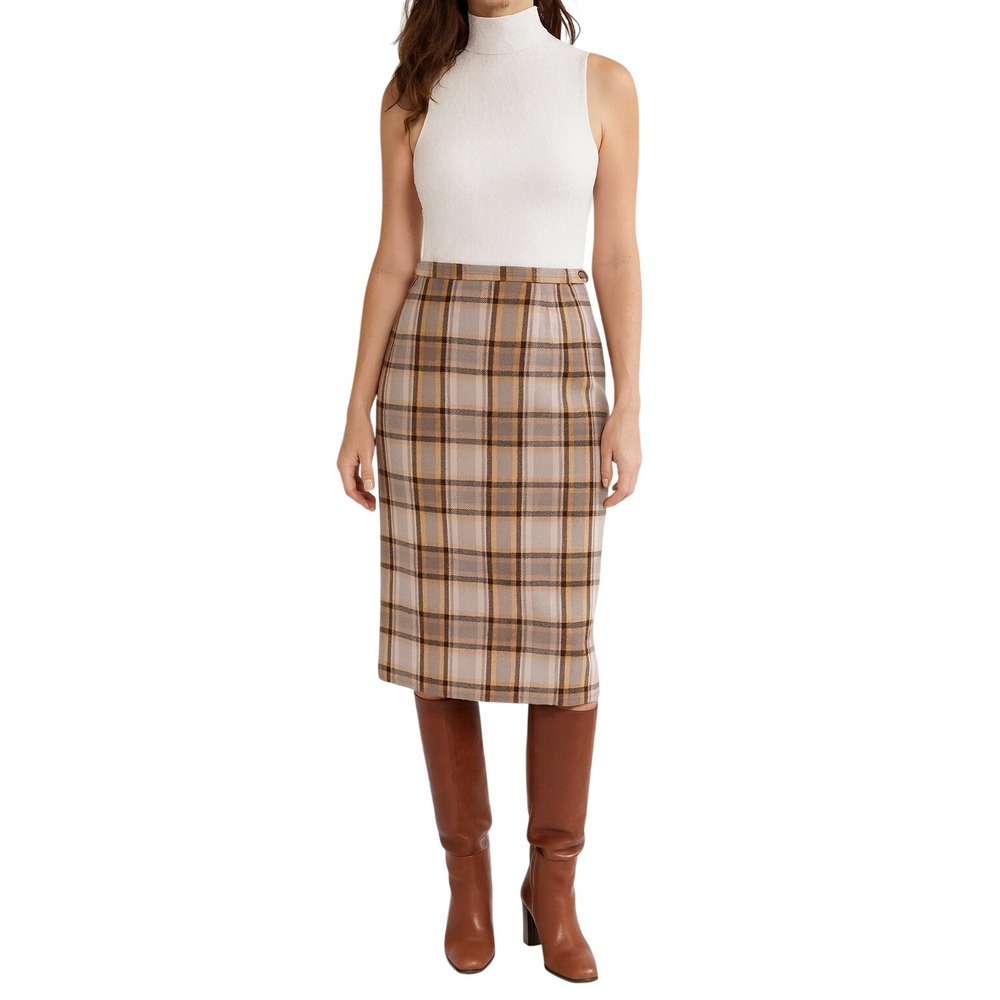 Vintage 1970s Plaid Wool Skirt Pencil Knee Length